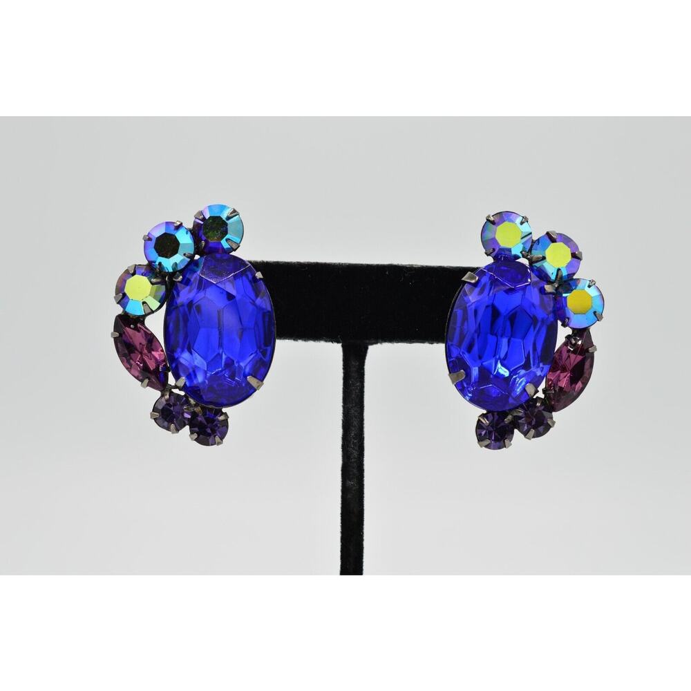 Thelma Deutsch Clip Earrings Blue AB Purple Crystal Shiny Vintage Signed Bin8